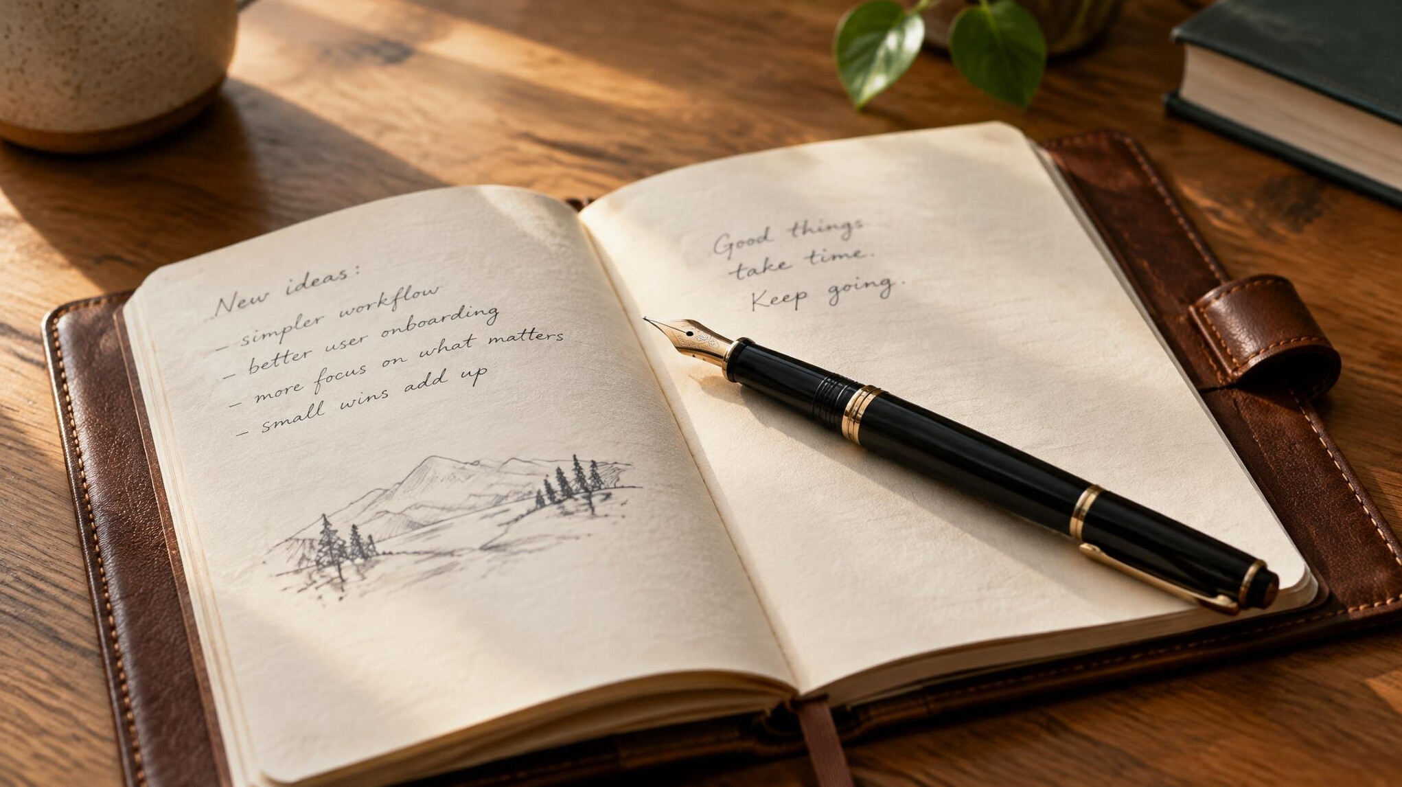 Open notebook and fountain pen on a wooden desk