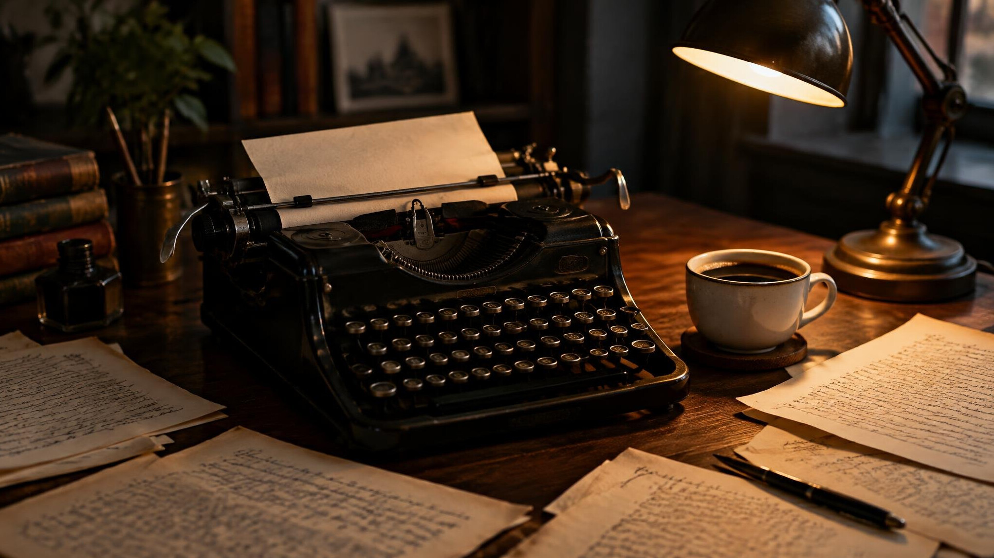 Vintage typewriter with scattered manuscript pages on a wooden desk