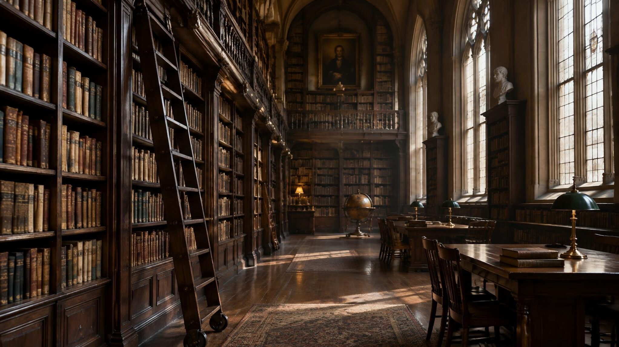 Interior of an old library with tall wooden shelves