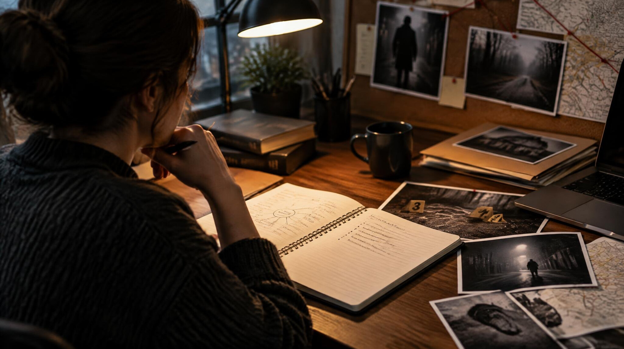 mystery writer at desk with notebook