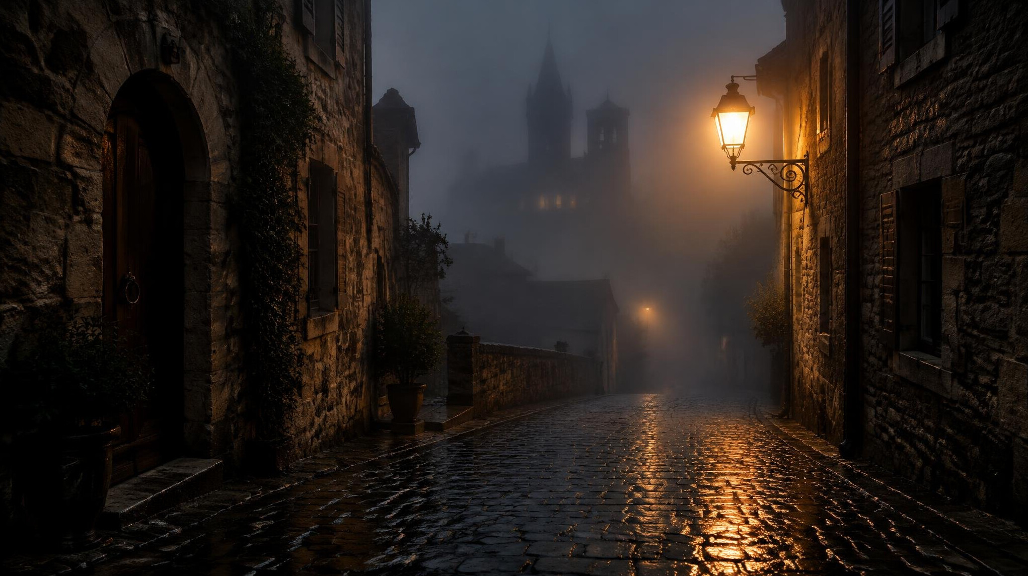 Foggy cobblestone street in an old European town at night