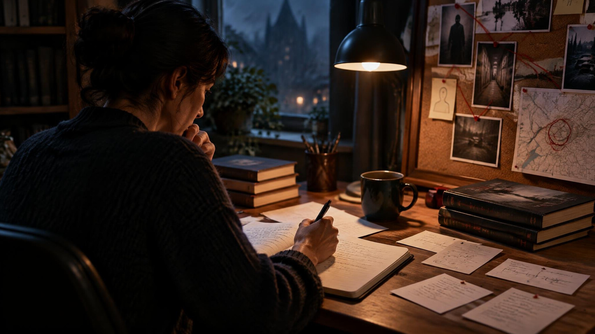 mystery writer at desk