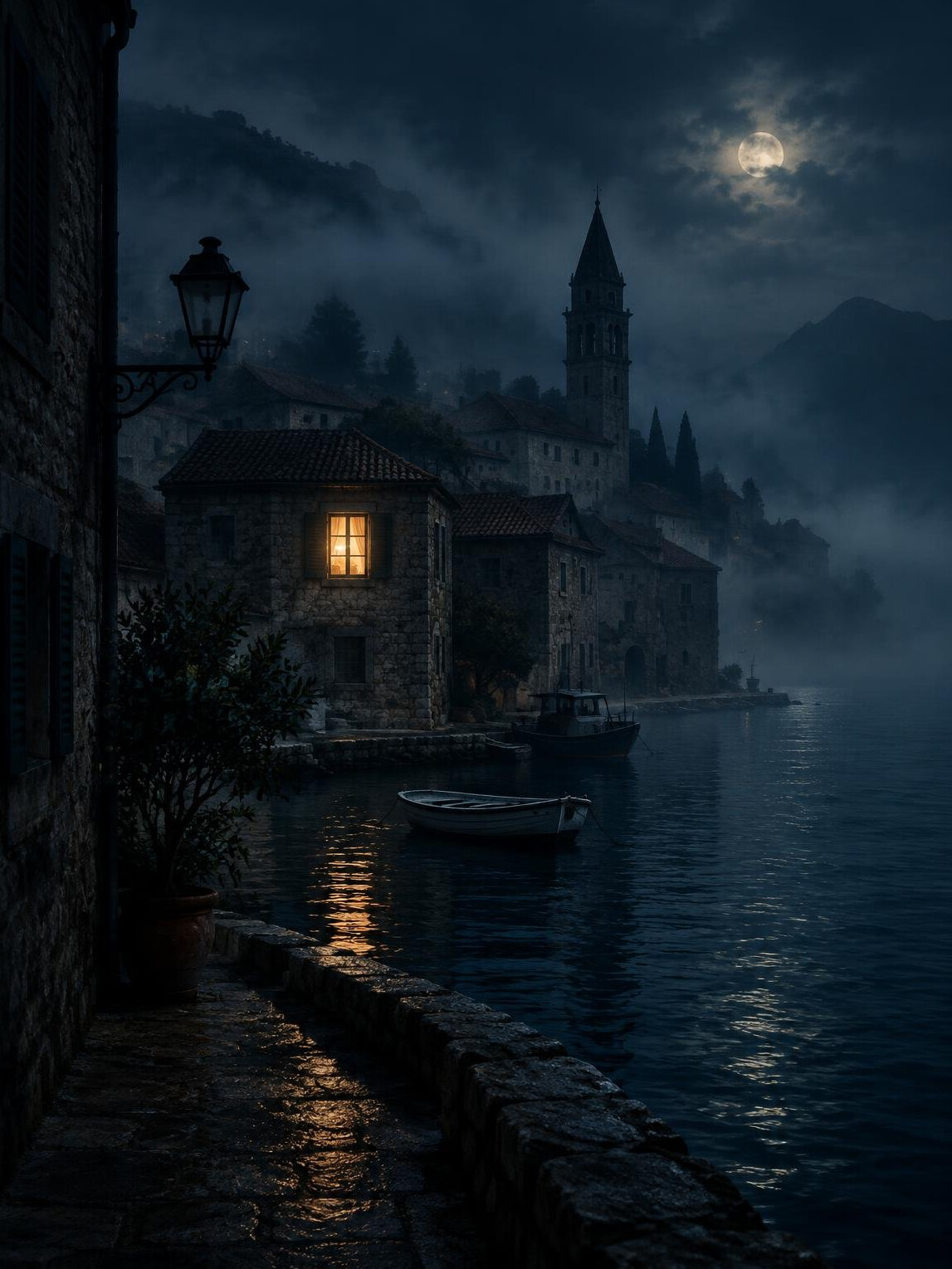 Dark moody book cover illustration of a foggy coastal town at night