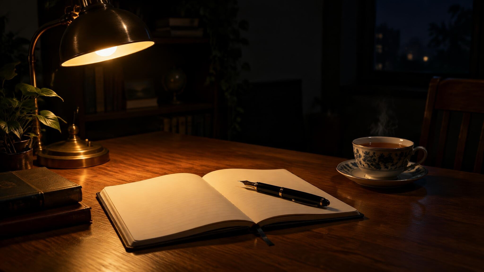 Writing desk lit by a lamp at night with notebook and pen
