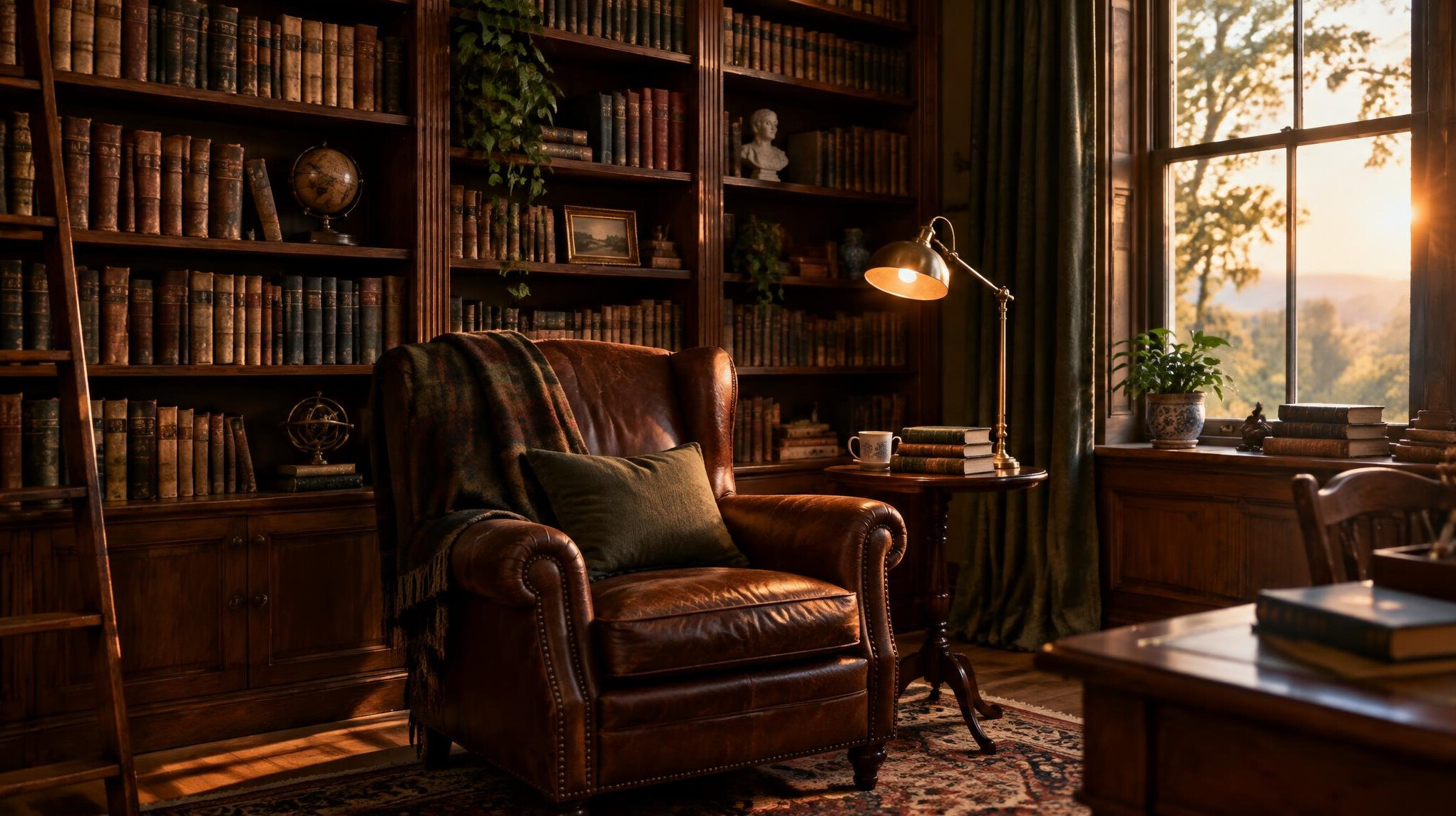 Cozy home study with tall bookshelves and reading lamp