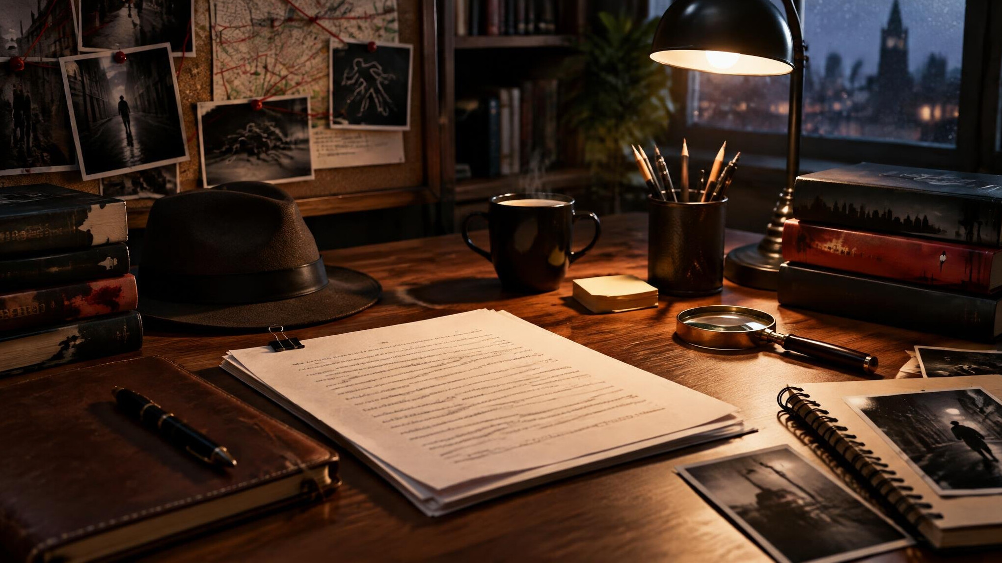 mystery writer desk setup