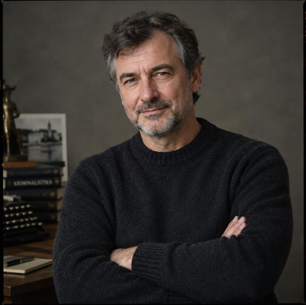 Portrait of a Croatian mystery novelist in his fifties, thoughtful expression