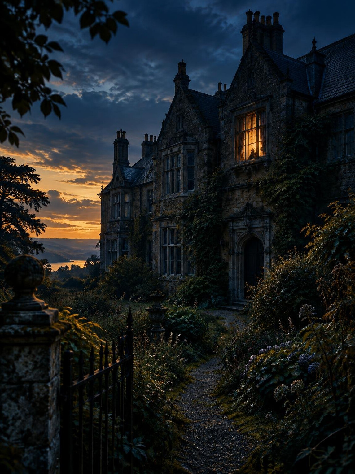 Dark illustration of an old mansion at dusk for a mystery novel cover
