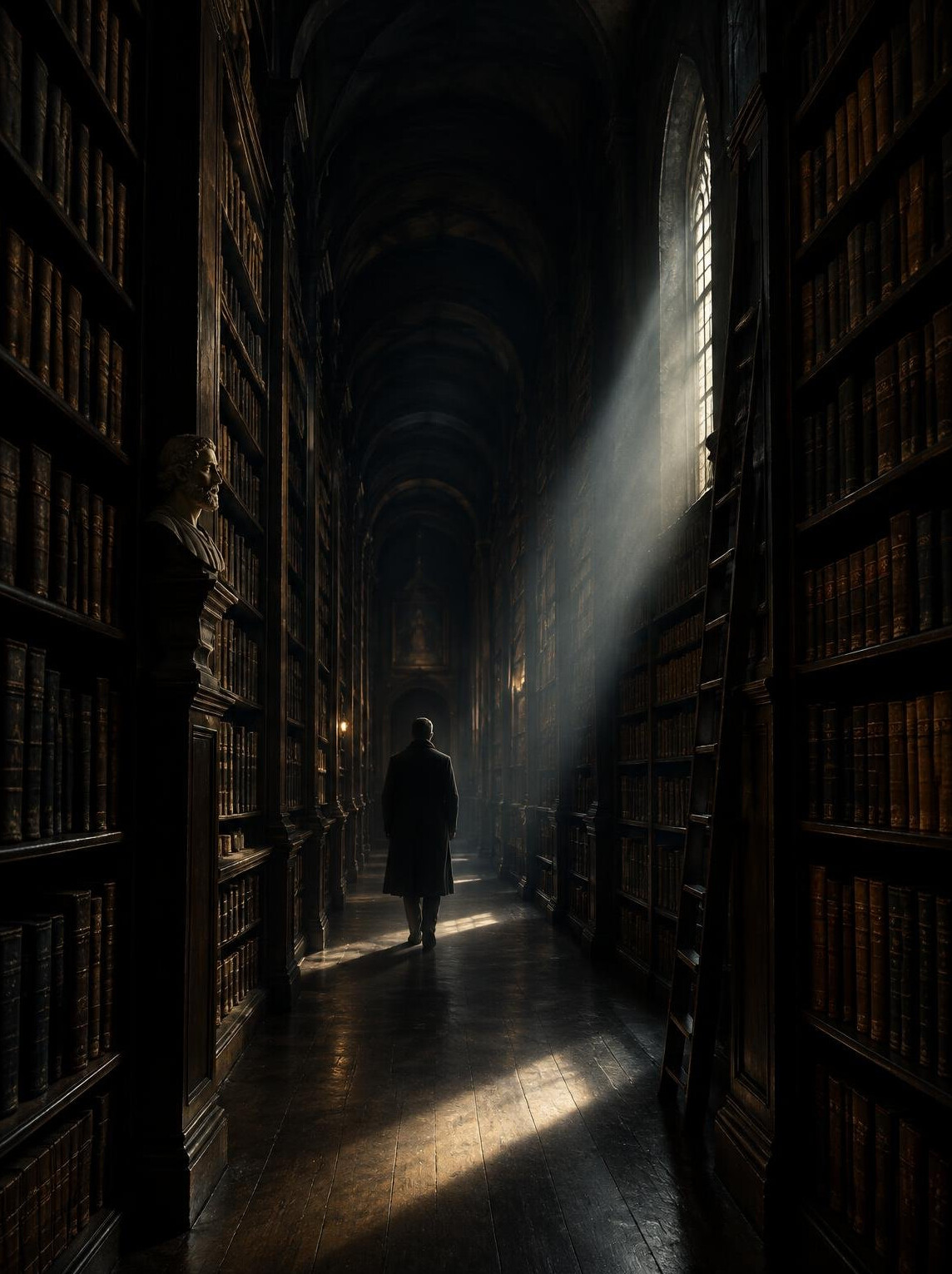 Dark illustration of an old library corridor for a mystery novel cover