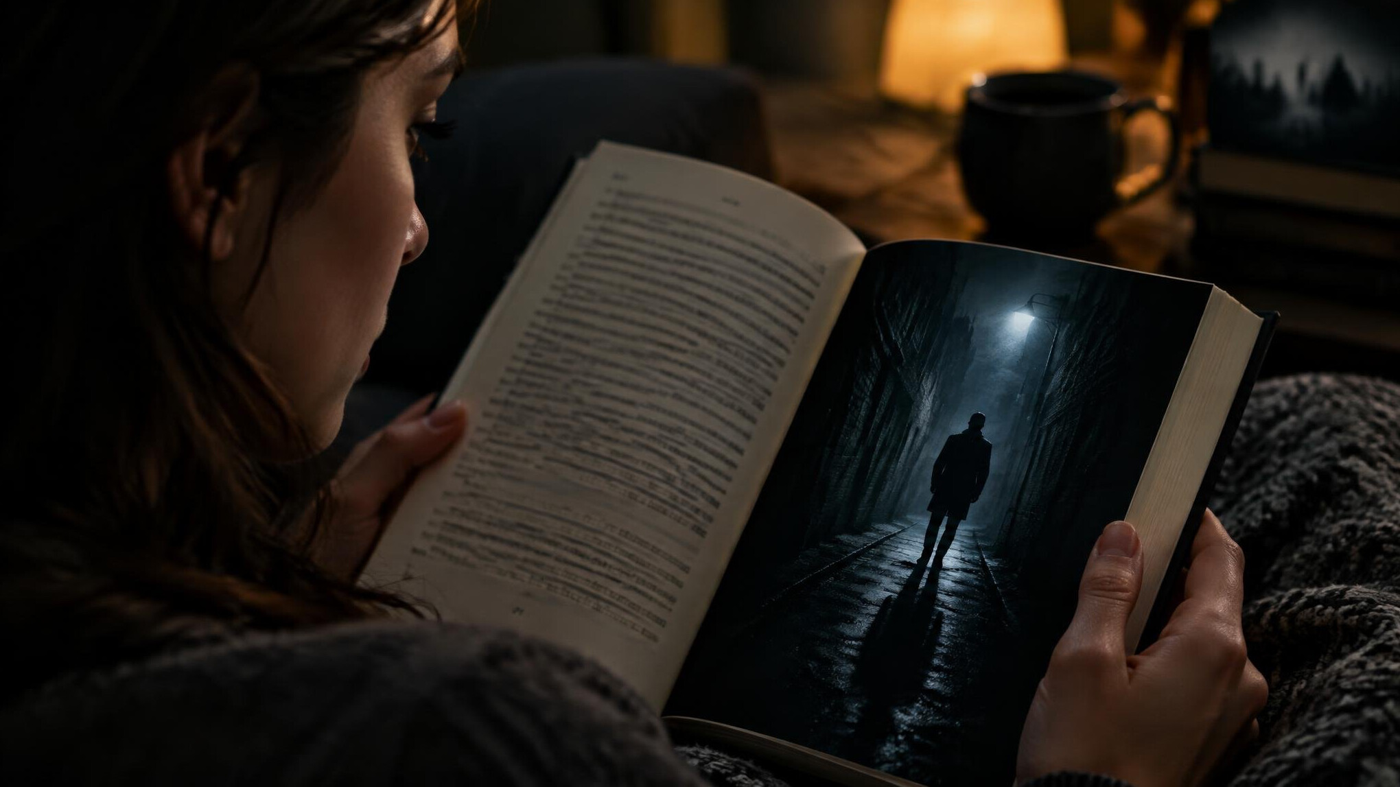 woman reading thriller novel